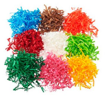 Colorful shredded paper filler for gifts.
